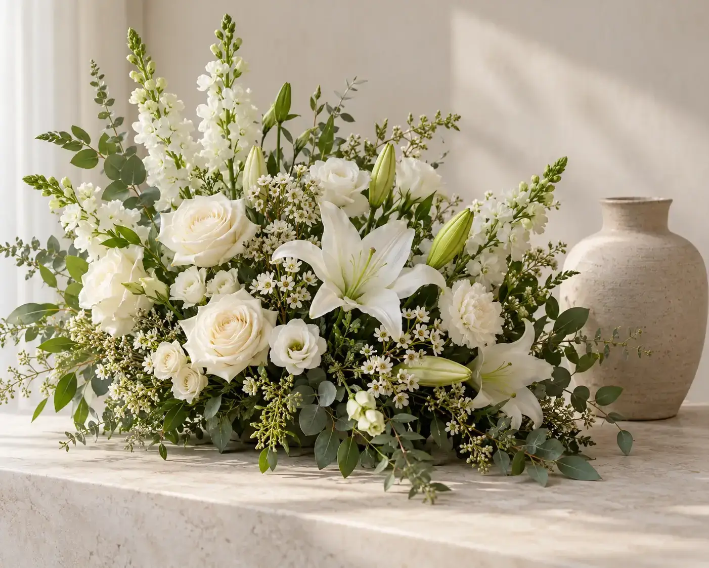 Arranjo de flores brancas junto a um vaso de cerâmica